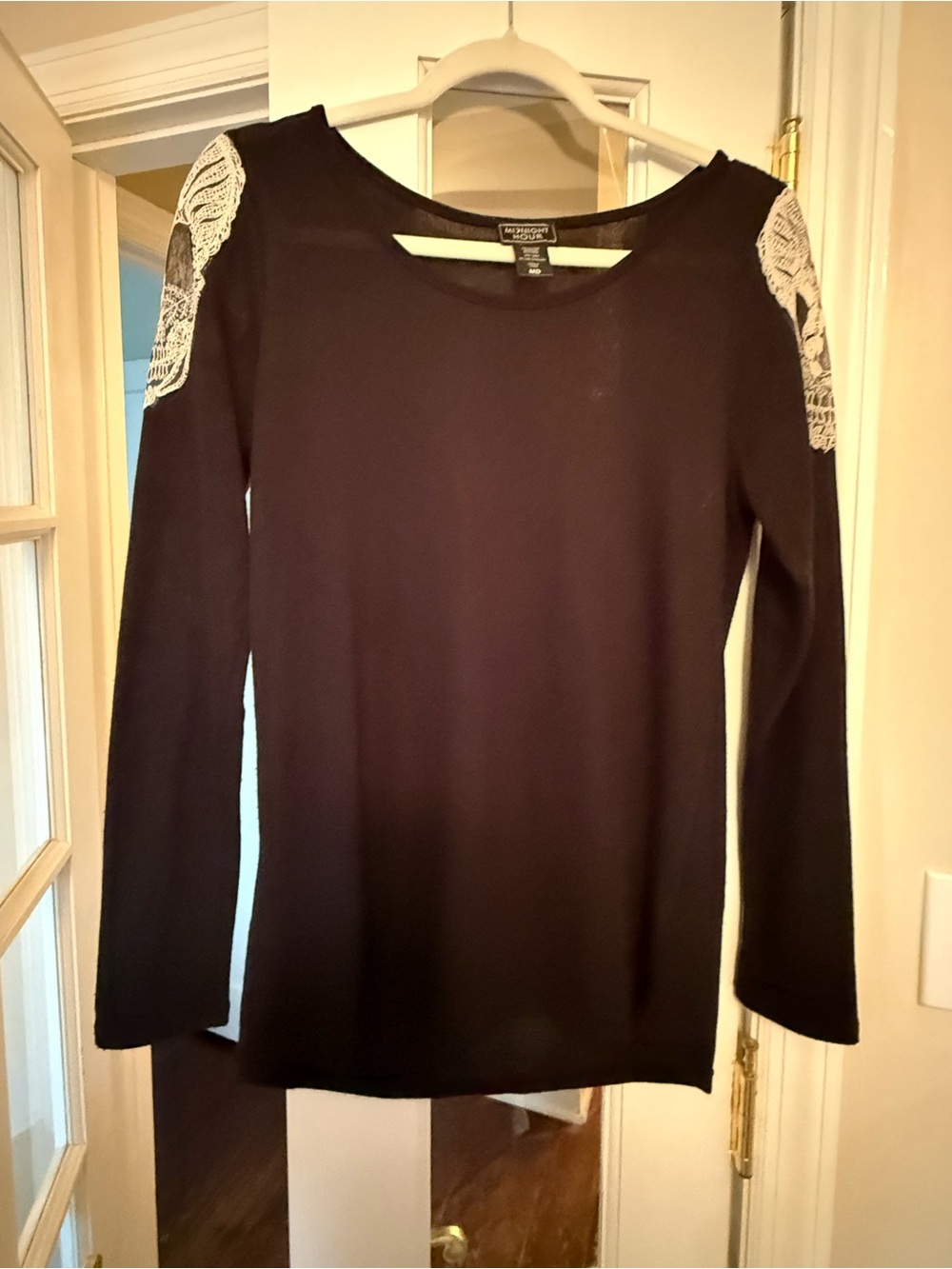 New York & Company Black Crewneck Sweater with White Lace Shoulder Detail